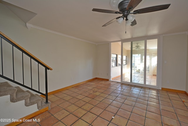 unfurnished room with light tile patterned floors, ornamental molding, a ceiling fan, baseboards, and stairs