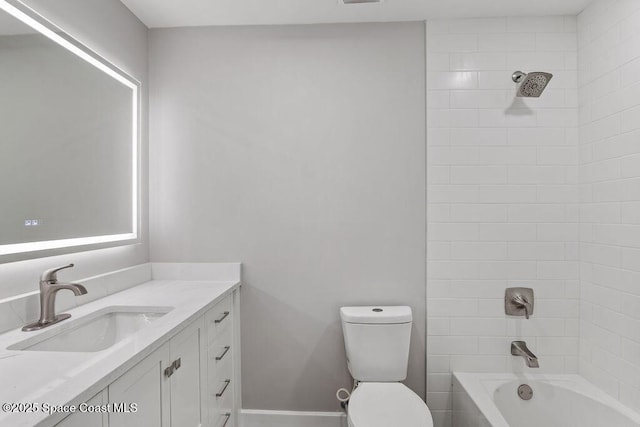 full bathroom featuring visible vents, shower / tub combination, vanity, and toilet