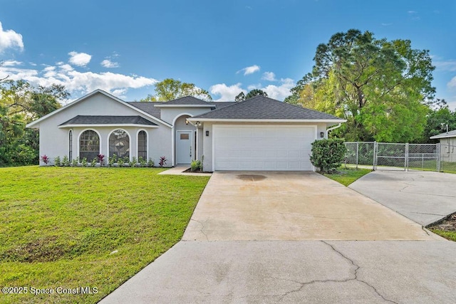 view of front of property featuring an attached garage, fence, driveway, stucco siding, and a front lawn