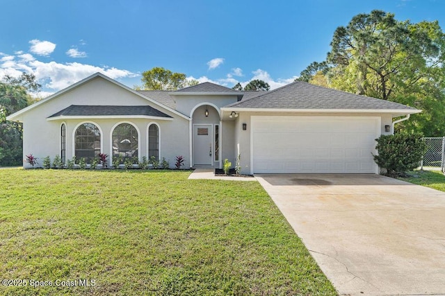 view of front of house with driveway, a garage, a shingled roof, a front lawn, and stucco siding