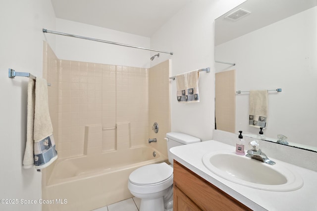 full bath with visible vents, toilet, tile patterned floors, vanity, and shower / washtub combination