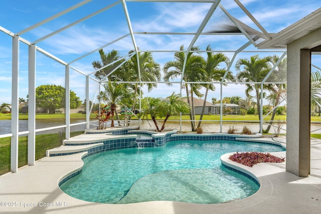 view of pool with a lanai, a patio area, and a pool with connected hot tub