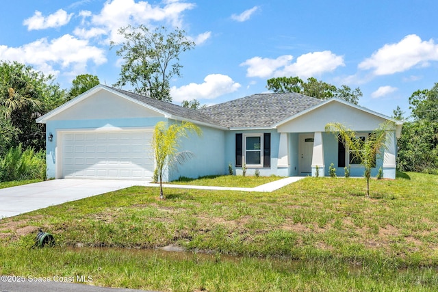 ranch-style home with an attached garage, driveway, a front yard, and stucco siding