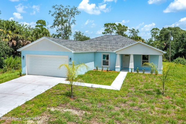 2100 Cogan Dr SE, Palm Bay, FL 32909 - ranch-style home featuring stucco siding, driveway, a shingled roof, a front yard, and an attached garage
