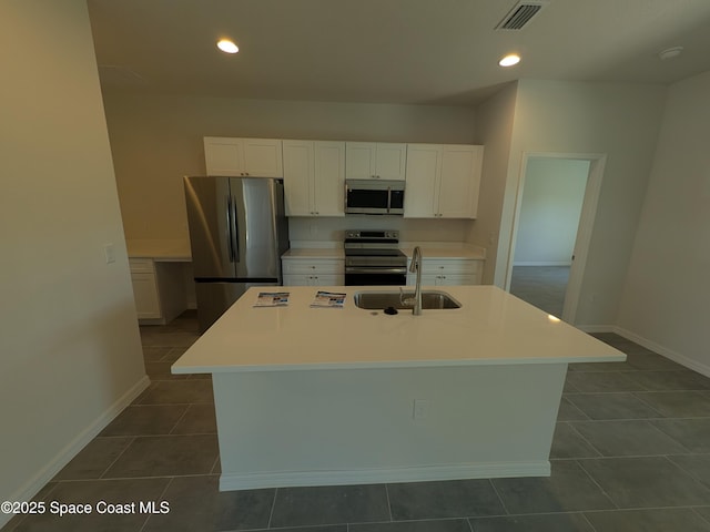 2100 Cogan Dr SE, Palm Bay, FL 32909 - kitchen with visible vents, appliances with stainless steel finishes, white cabinetry, and a kitchen island with sink