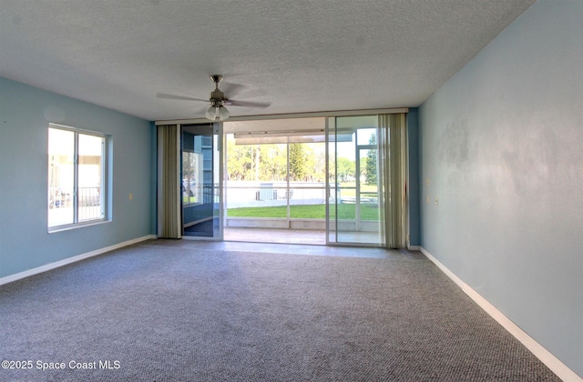 unfurnished room with a wall of windows, carpet, plenty of natural light, and a textured ceiling