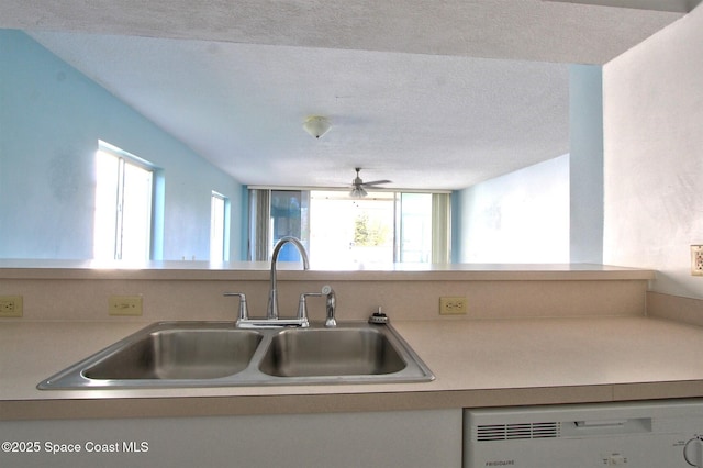 kitchen with light countertops, dishwasher, a textured ceiling, and a sink