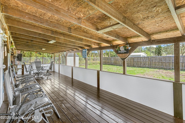 wooden terrace featuring a lawn and a fenced backyard