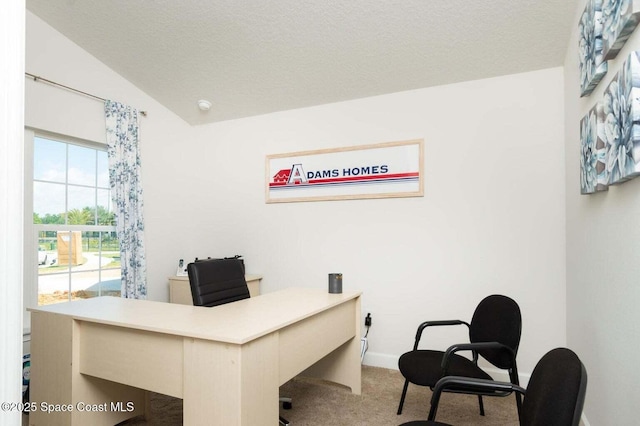 office space featuring a textured ceiling, vaulted ceiling, and carpet flooring