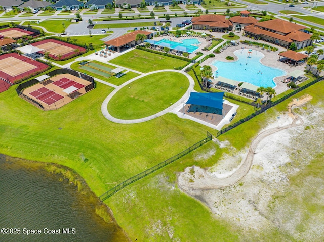 aerial view featuring a residential view and a water view