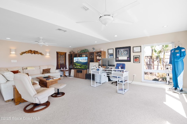 carpeted living area with a ceiling fan, recessed lighting, and visible vents