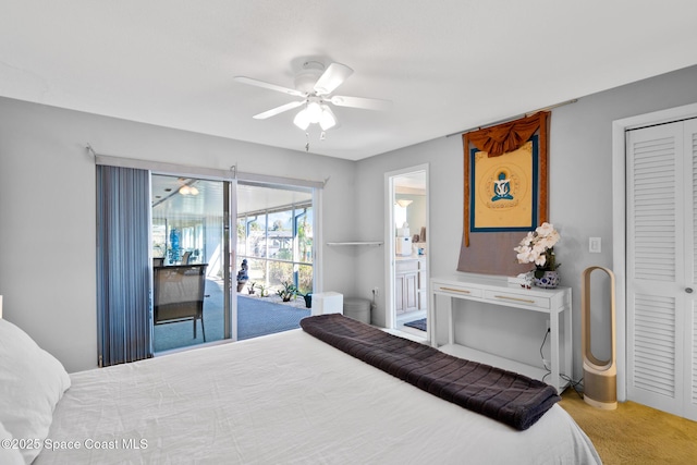 bedroom featuring ceiling fan, access to outside, carpet, and ensuite bath