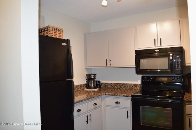 kitchen featuring white cabinets and black appliances