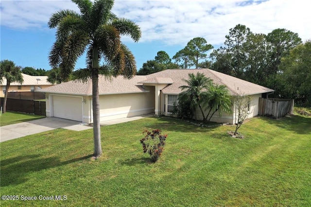 ranch-style house featuring an attached garage, driveway, a front lawn, and stucco siding