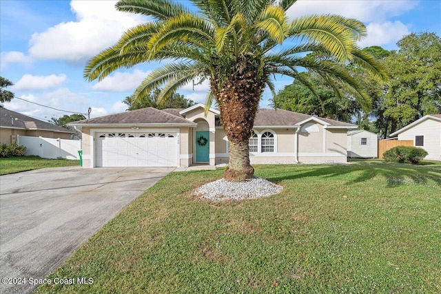 ranch-style home with stucco siding, concrete driveway, an attached garage, a front yard, and fence