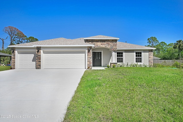 view of front facade featuring a garage, stone siding, a front lawn, and concrete driveway