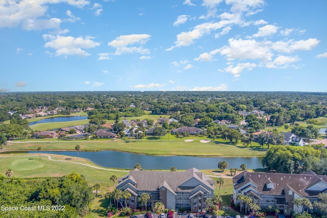 birds eye view of property featuring a residential view, view of golf course, and a water view