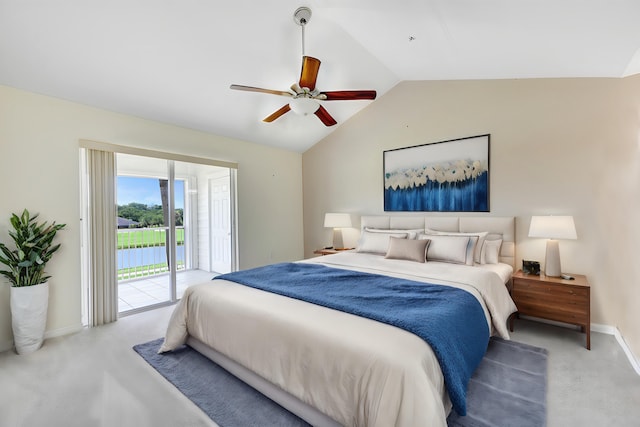 bedroom with access to exterior, vaulted ceiling, baseboards, and light colored carpet