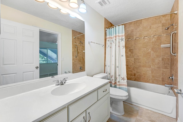 bathroom with visible vents, toilet, shower / bath combo, a textured ceiling, and vanity