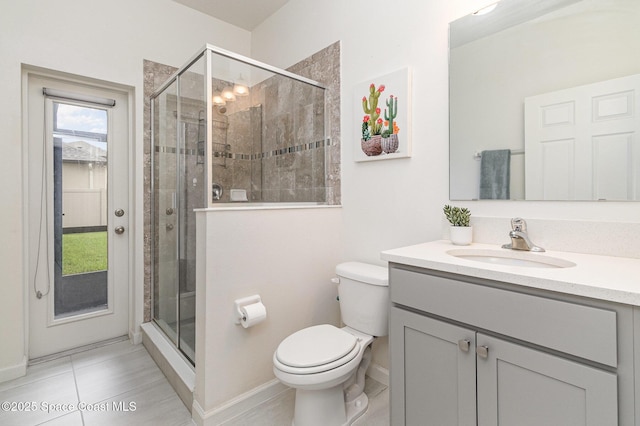 bathroom with toilet, a stall shower, tile patterned flooring, and vanity