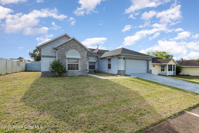 ranch-style home featuring brick siding, concrete driveway, a front yard, fence, and a garage