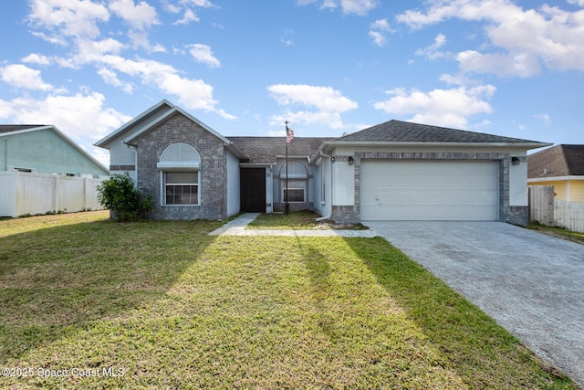 ranch-style house featuring a garage, brick siding, fence, driveway, and a front yard