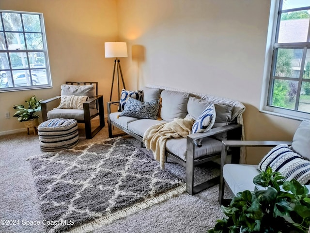 carpeted living area with plenty of natural light and baseboards