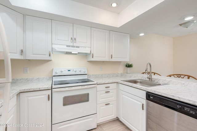 kitchen with electric stove, stainless steel dishwasher, white cabinets, a sink, and under cabinet range hood