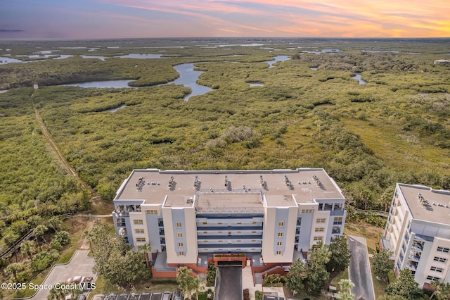 aerial view at dusk with a water view and a wooded view