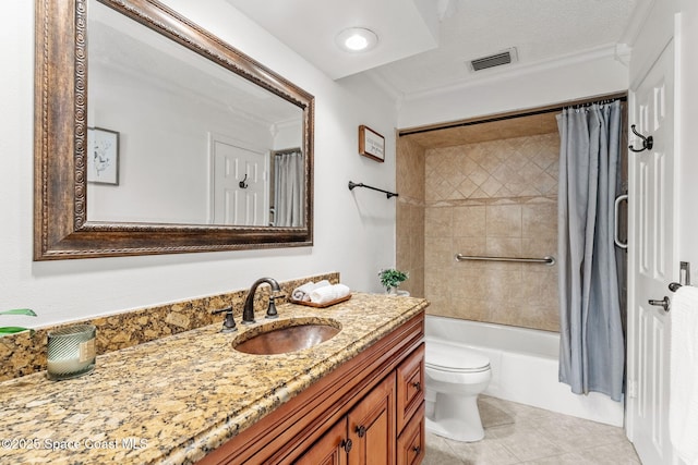 bathroom with visible vents, toilet, shower / bath combo, vanity, and tile patterned flooring