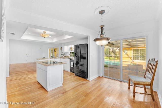 kitchen with light wood-style floors, a tray ceiling, light countertops, black appliances, and a sink