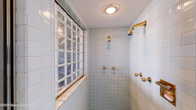 bathroom with walk in shower and tile walls