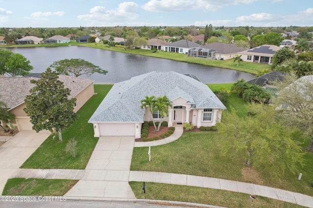 birds eye view of property with a residential view and a water view