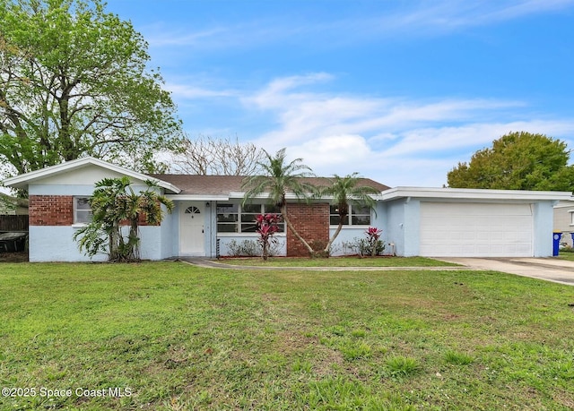 single story home with brick siding, stucco siding, concrete driveway, an attached garage, and a front lawn