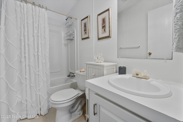 full bath with a textured ceiling, toilet, vanity, tile patterned floors, and shower / bath combo with shower curtain