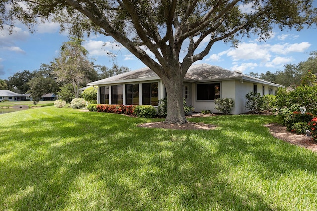 ranch-style home with a front lawn and stucco siding