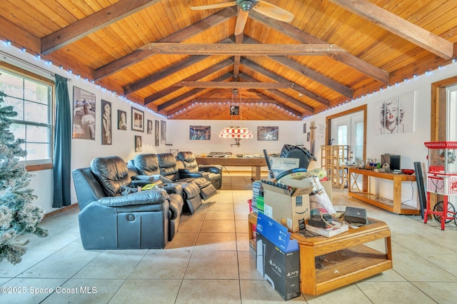 living area featuring wood ceiling, vaulted ceiling with beams, and french doors