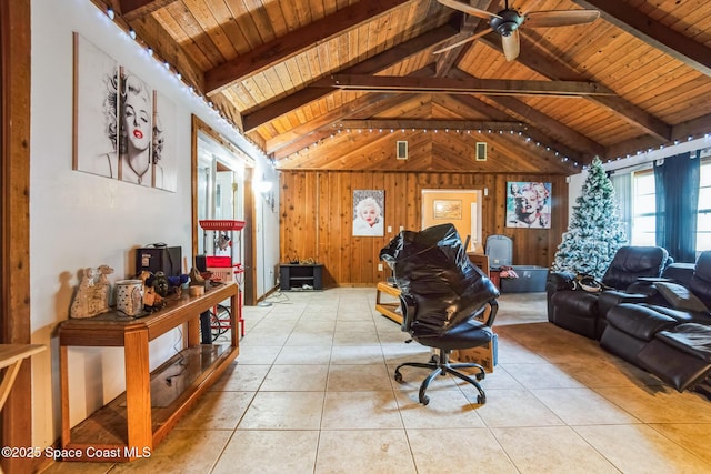 living area with lofted ceiling with beams, tile patterned flooring, wood ceiling, and wooden walls