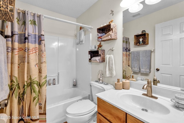 full bath featuring a textured ceiling, toilet, shower / tub combo, visible vents, and vanity