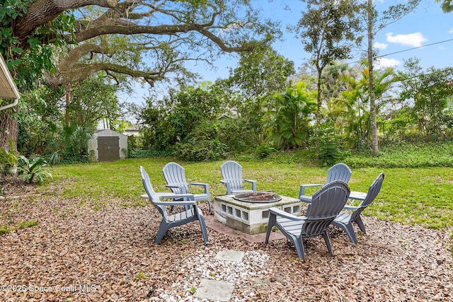 view of yard featuring a storage shed, an outdoor fire pit, and an outbuilding