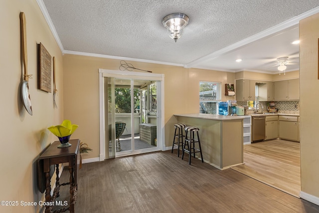 kitchen featuring dishwasher, tasteful backsplash, crown molding, and light wood-style floors