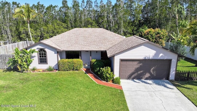 single story home featuring a garage, a shingled roof, fence, driveway, and a front lawn