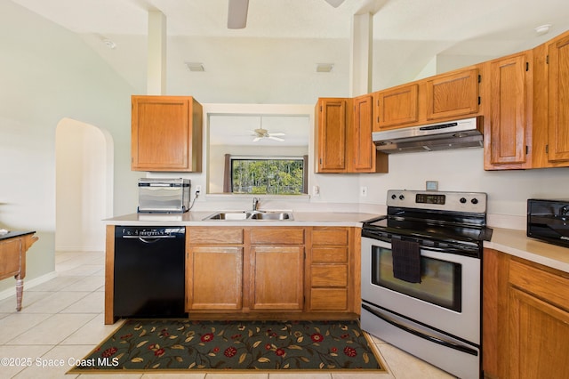 kitchen featuring ceiling fan, under cabinet range hood, light countertops, black appliances, and a sink