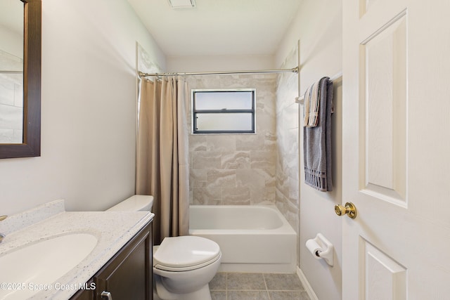 full bathroom with toilet, shower / bathtub combination with curtain, tile patterned flooring, and vanity