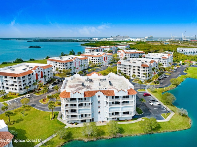 aerial view featuring a water view