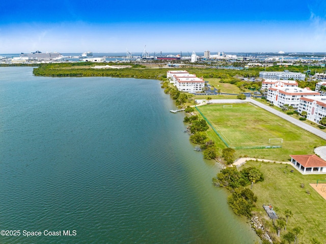 aerial view featuring a water view and a city view