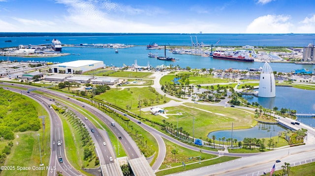 drone / aerial view with a water view