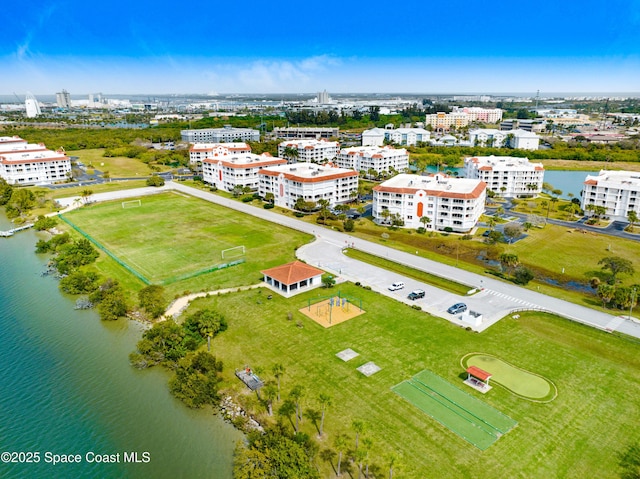 aerial view with a water view and a city view