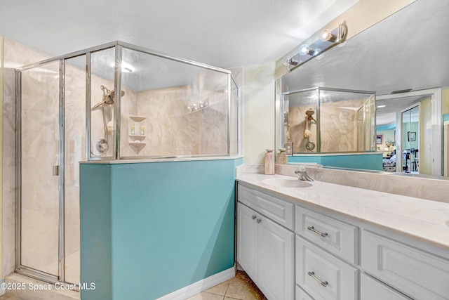 full bath featuring tile patterned floors, a shower stall, and vanity