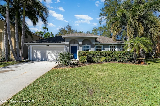 view of front of house with concrete driveway, a front yard, an attached garage, and stucco siding